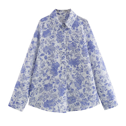 Ropa de mujer Camisa con estampado floral ardiente francés Top de manga larga informal