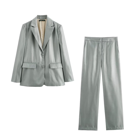 Women Clothing Summer High Grade Metallic Glossy Casual Metallic Trousers for Women Pant Sets