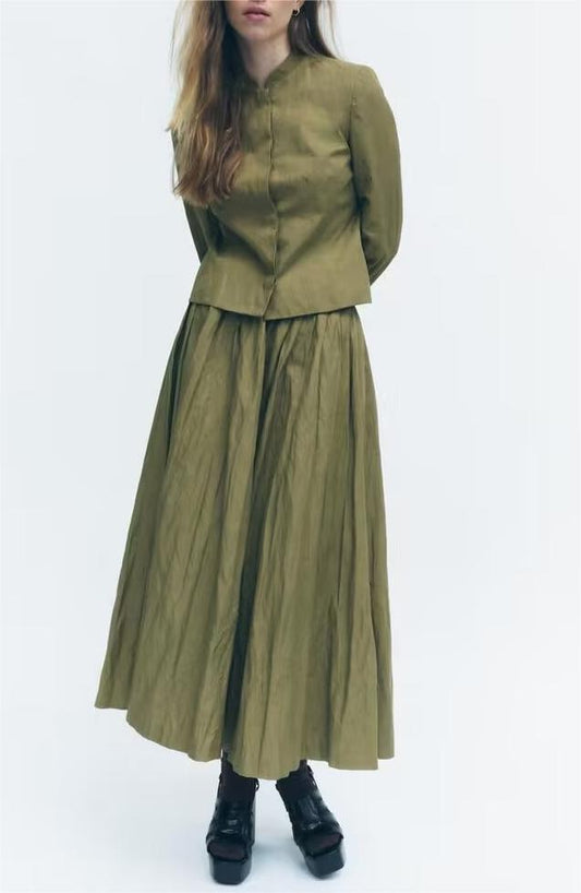 Conjunto de falda drapeada con cintura de color en contraste de abrigo corto plisado de verano