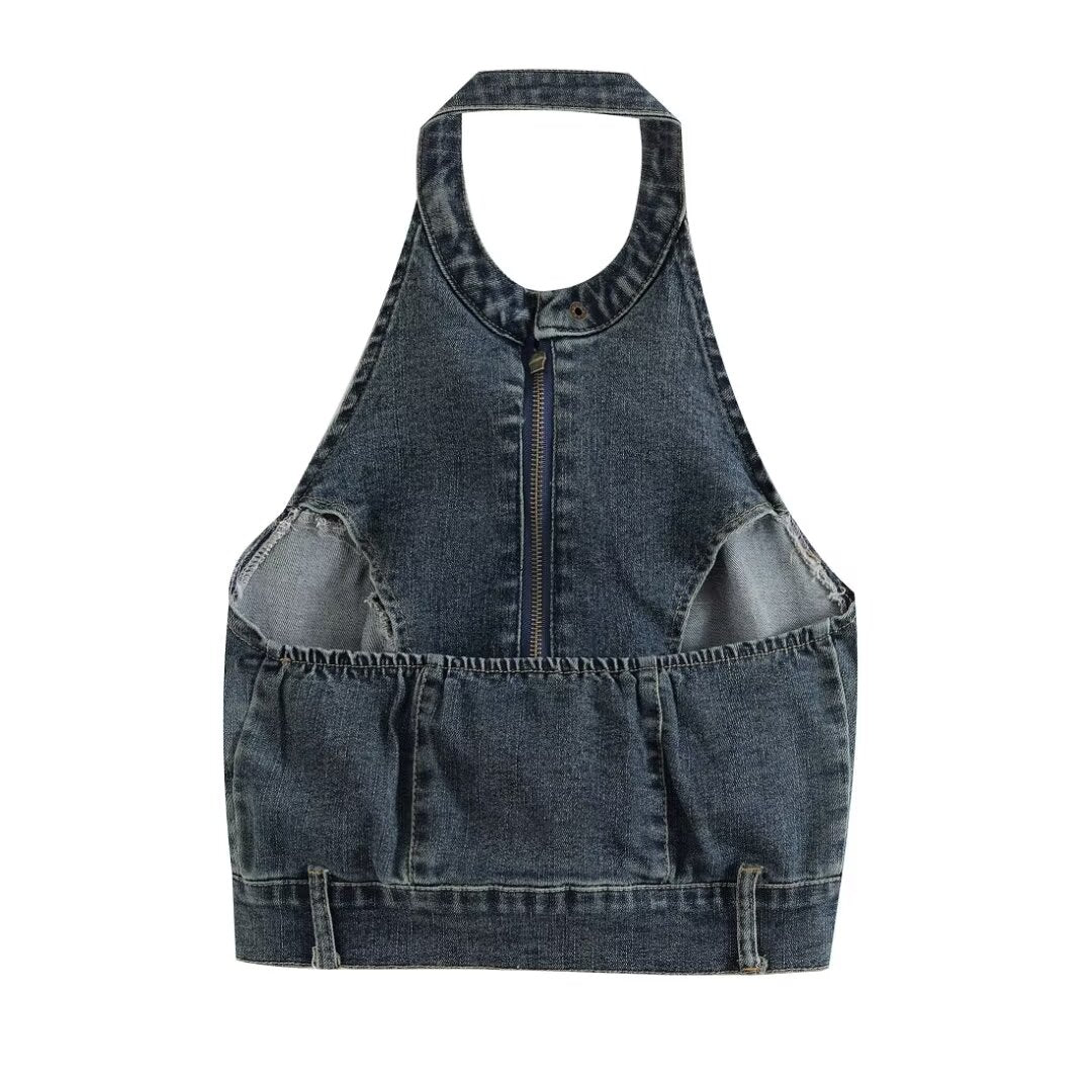 Women Clothing Summer Retro Sexy Halter Backless Slim Fit Denim Vest