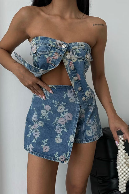 Ropa de mujer Conjunto de dos piezas con falda corta y top sin tirantes floral sexy