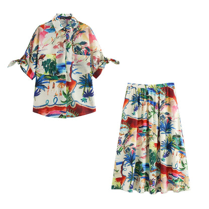 Women Clothing Short Sleeve Printed Shirt Mid Length Skirt Set