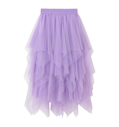 Irregular Asymmetric Mesh Skirt Women Mid Length Spring Gauze Skirt High Waist All Matching Slimming Skirt