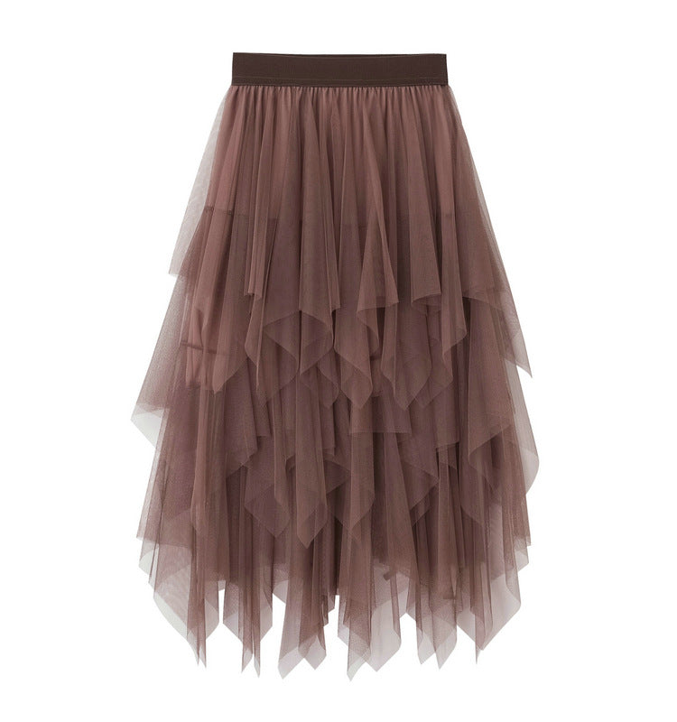 Irregular Asymmetric Mesh Skirt Women Mid Length Spring Gauze Skirt High Waist All Matching Slimming Skirt