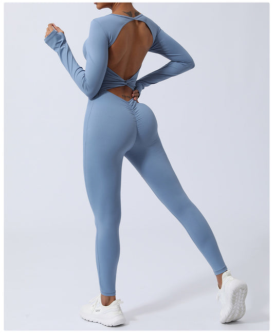 Nude Feel Long Sleeve Backless Bodysuit Yoga Clothes Hip Lifting One Piece Fitness Clothes Women Summer Dance Jumpsuit