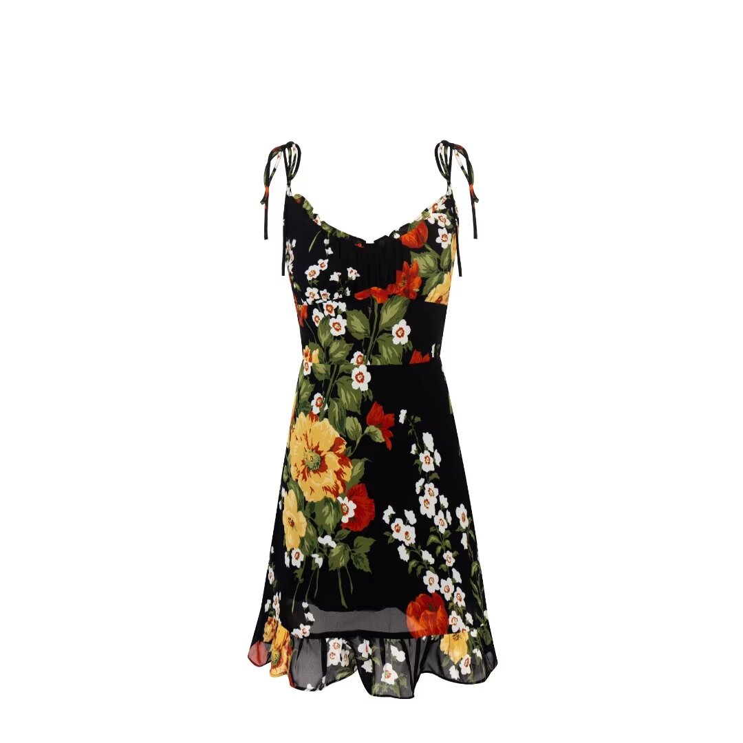 Französisch Mädchen Floral Gedruckt Sexy Slim Fit Fliege Kleid Frauen Sommer Urlaub Hohe