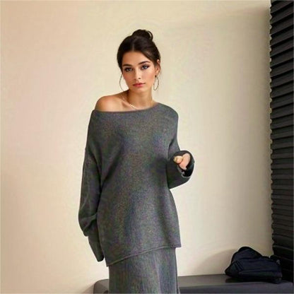 Autumn Winter Elegant Knitting Suit Women Off Shoulder Sweater Top Elastic Waist Fishtail Skirt