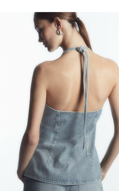 Frühling Damen Street Neck Ärmelloses Sling Denim Top