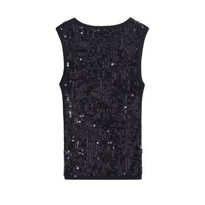 Summer Women Sleeveless Vest Beads Decoration Knitted Top