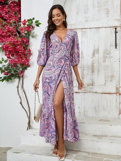 Women Dress Printed V Neck Split Maxi Dress