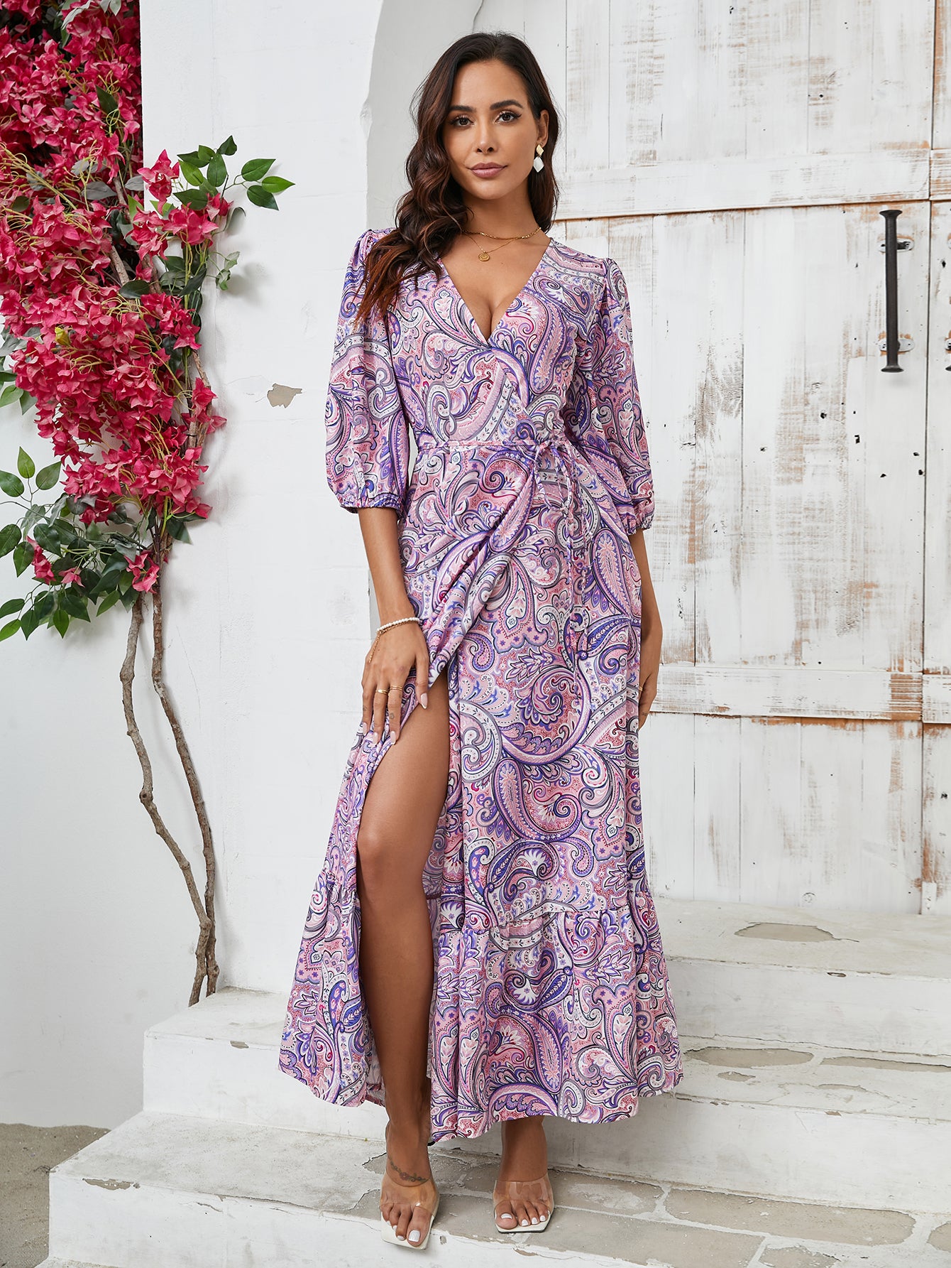 Women Dress Printed V Neck Split Maxi Dress