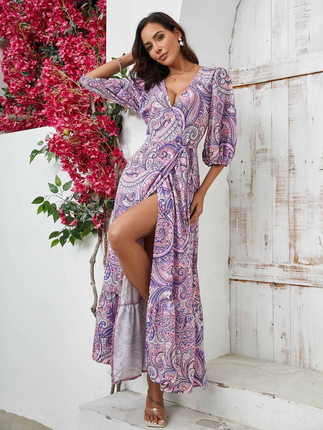 Women Dress Printed V Neck Split Maxi Dress