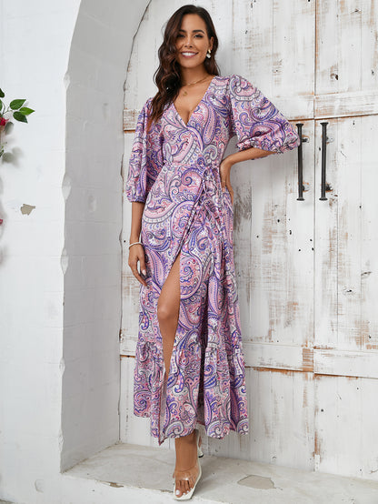 Women Dress Printed V Neck Split Maxi Dress