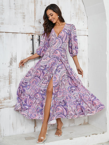 Women Dress Printed V Neck Split Maxi Dress