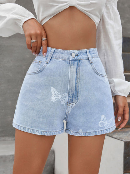 Weiße Jeansshorts mit Schmetterlings-Print