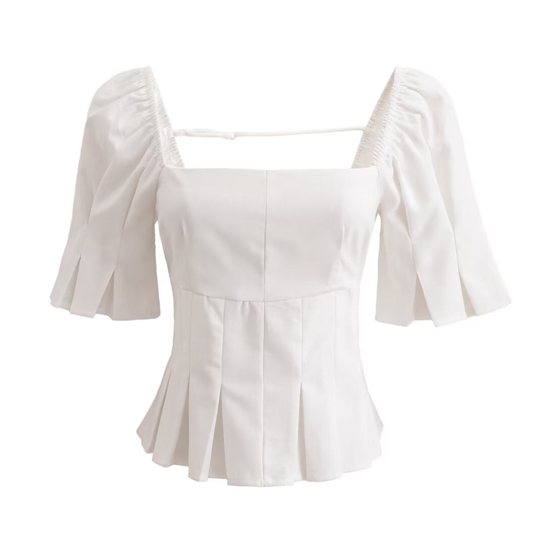 Summer French Vintage Court Pleated Puff Sleeve Design Square Collar Short Sleeve Top