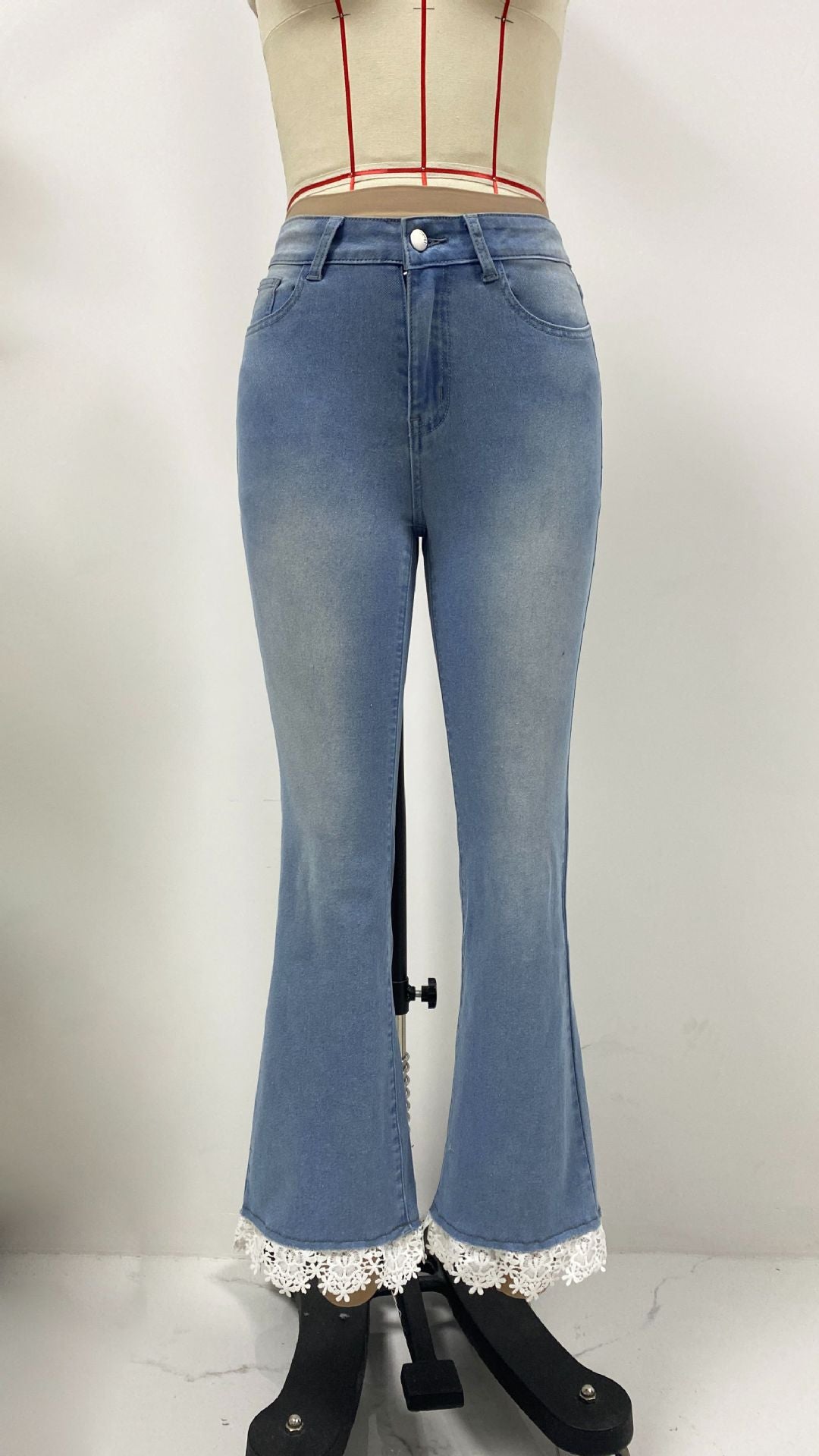 Pantalones vaqueros ajustados de cintura alta para mujer, pantalones frescos pequeños, pantalones de encaje