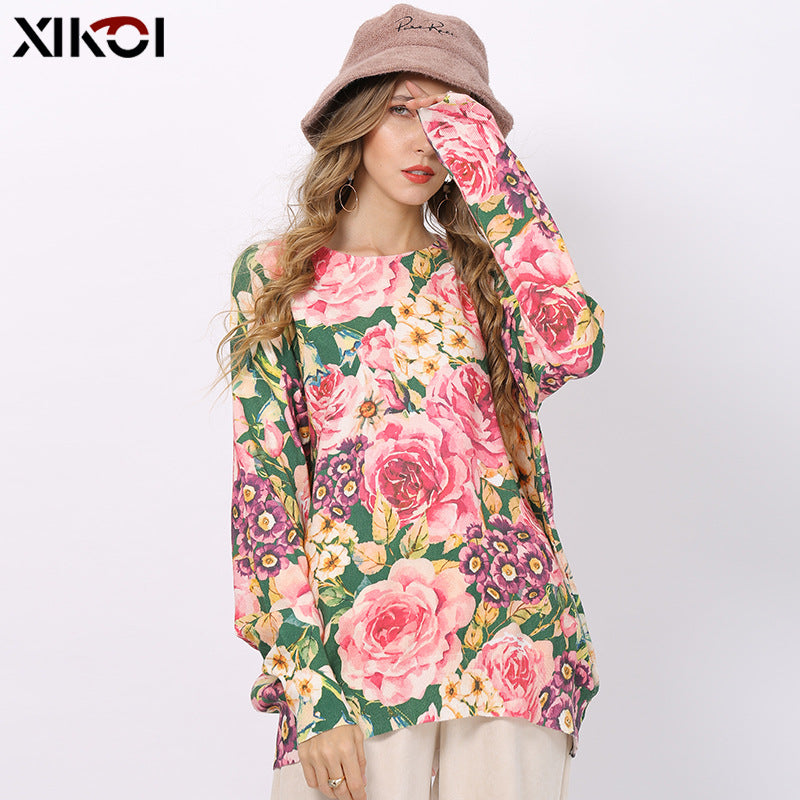 Floral Print Sweater Women Pullover round Neck Mid Length Loose Knitwear Top