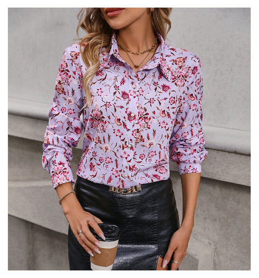 Women Clothing Casual Professional Business Floral Polo Cardigan Shirt Elegant Graceful Commuting