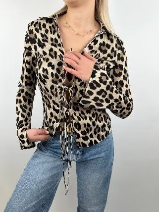 Leopard Print Slim Fit Persönlichkeit Frauen Shirt Frühling Sommer Kragen Langarm Top Frauen