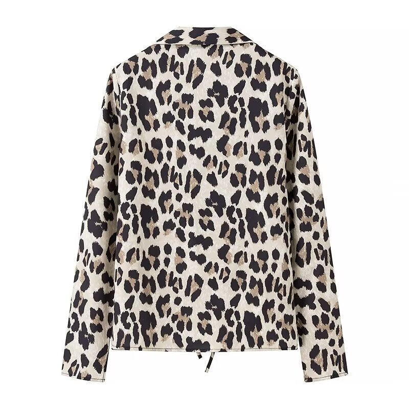 Camisa de mujer con personalidad ajustada con estampado de leopardo Top de manga larga con cuello para primavera y verano para mujer