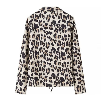 Camisa de mujer con personalidad ajustada con estampado de leopardo Top de manga larga con cuello para primavera y verano para mujer