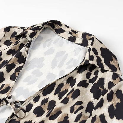 Camisa de mujer con personalidad ajustada con estampado de leopardo Top de manga larga con cuello para primavera y verano para mujer