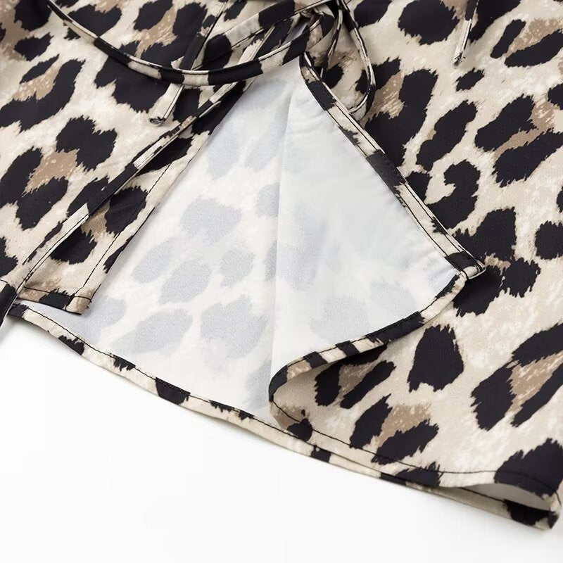 Camisa de mujer con personalidad ajustada con estampado de leopardo Top de manga larga con cuello para primavera y verano para mujer