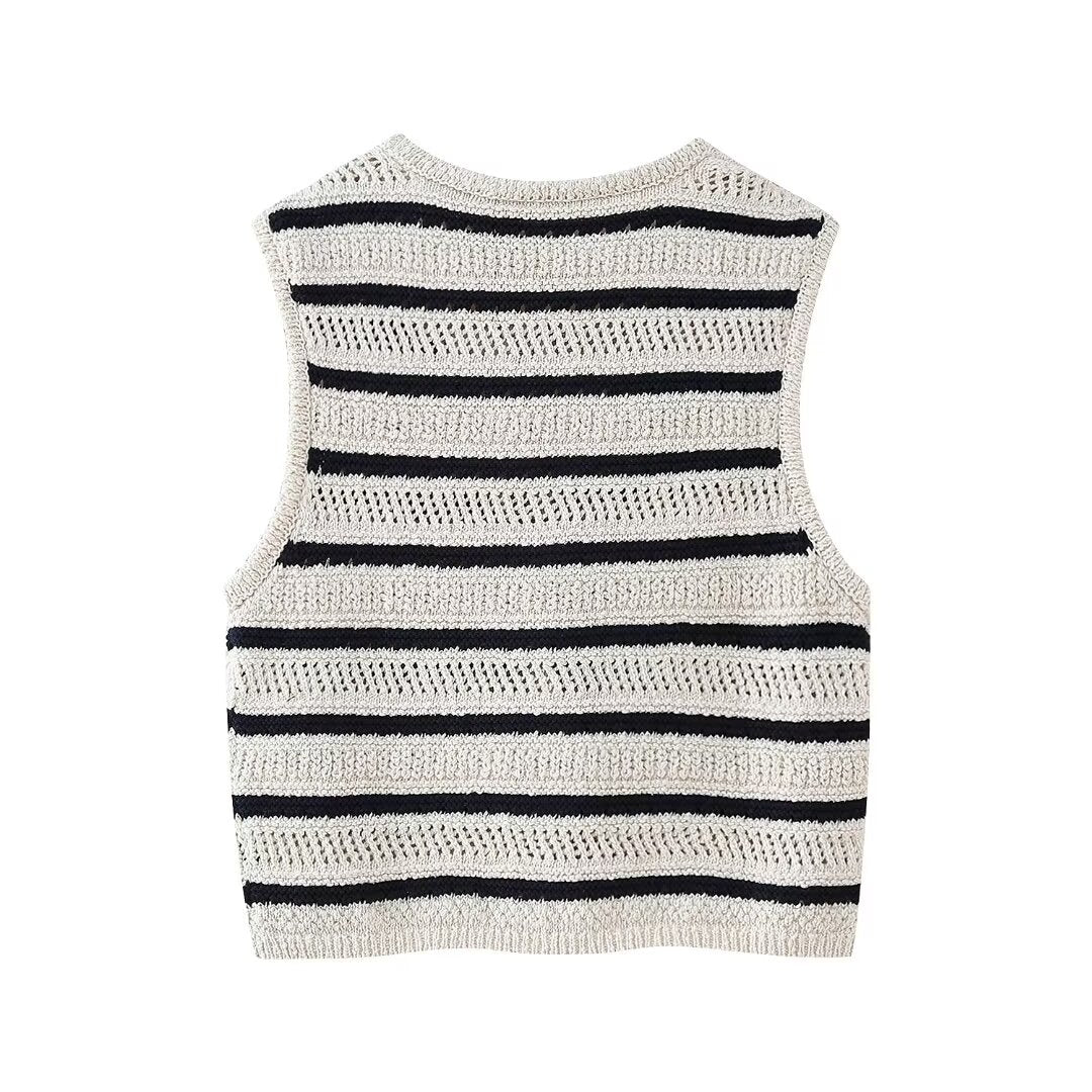 Women Clothing Spring Simple Striped V Neck Knitted Vest Women