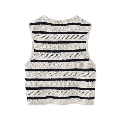 Women Clothing Spring Simple Striped V Neck Knitted Vest Women