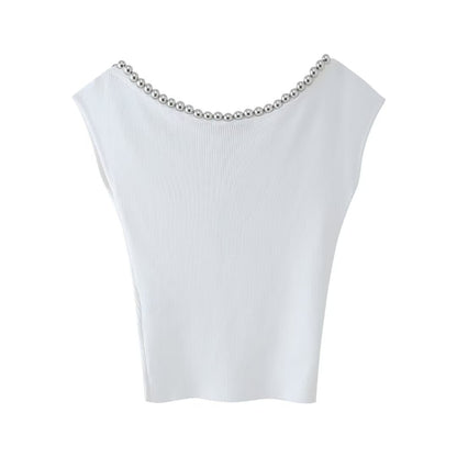 Spring Summer Light Luxury Design Heavy Industry Neckline Beaded Sexy Sleeveless Vest Slim Fit Slimming Top