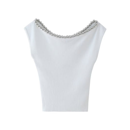 Spring Summer Light Luxury Design Heavy Industry Neckline Beaded Sexy Sleeveless Vest Slim Fit Slimming Top