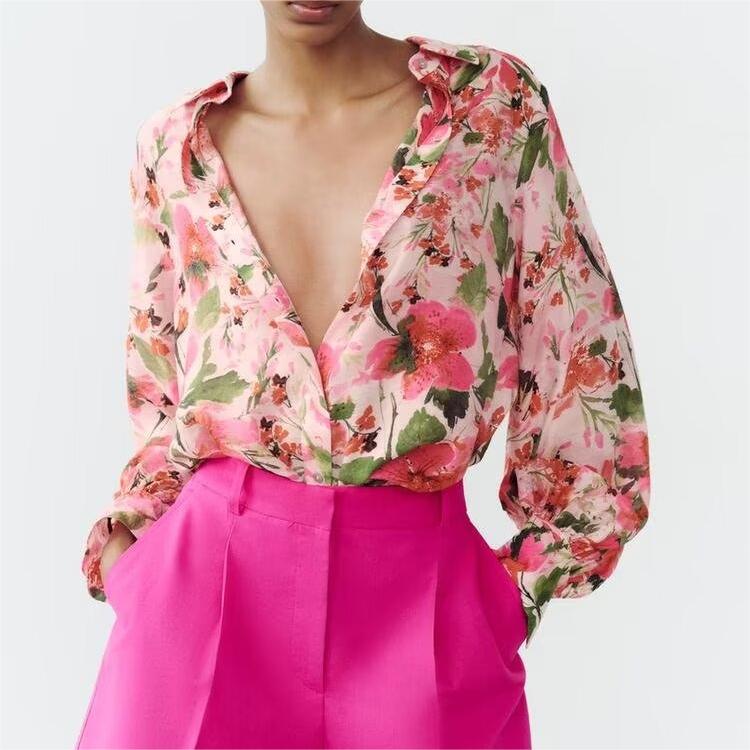 Spring Printed Silk Satin Texture Drape Shirt Women