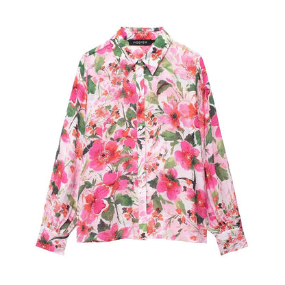 Spring Printed Silk Satin Texture Drape Shirt Women