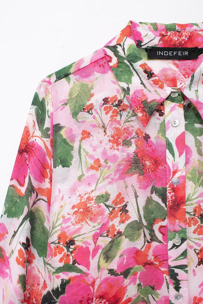 Spring Printed Silk Satin Texture Drape Shirt Women