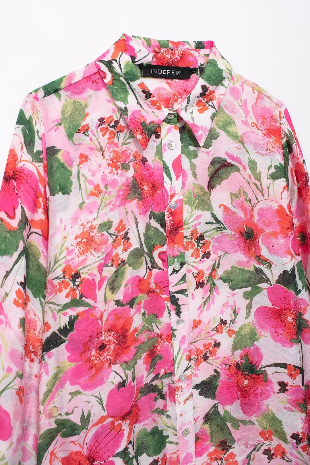 Spring Printed Silk Satin Texture Drape Shirt Women