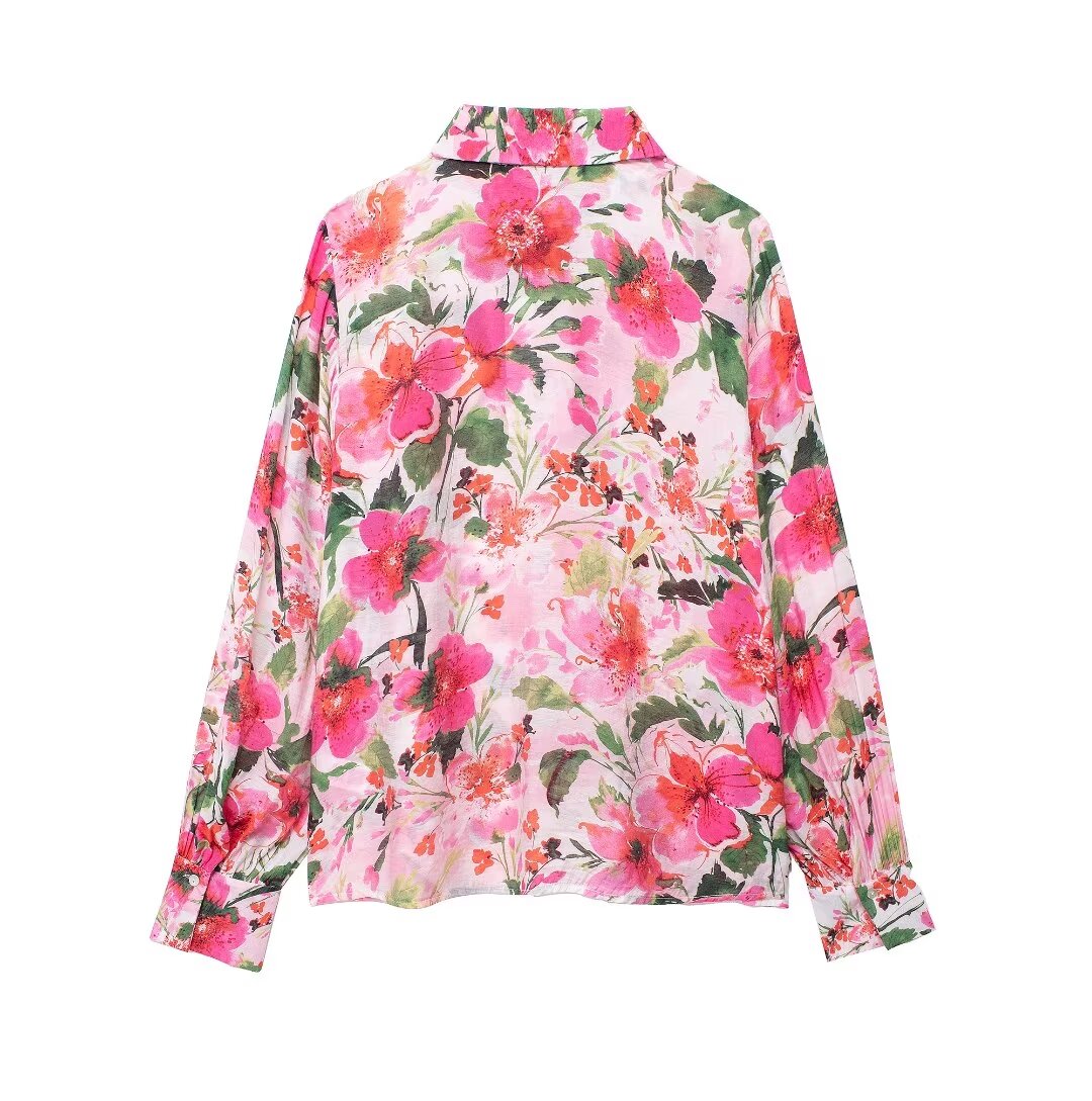 Spring Printed Silk Satin Texture Drape Shirt Women