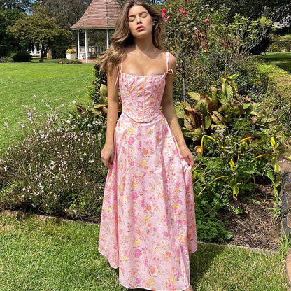 Summer Sweet Dress Women Floral Stitching Boning Corset Wrapped Chest Strap Princess Dress Women