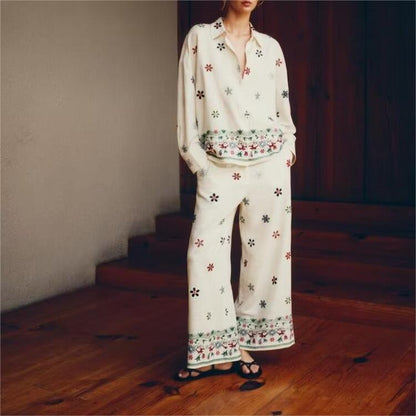 Women Clothing Summer Floral Embroidered Shirt Embroidered Culottes Suit