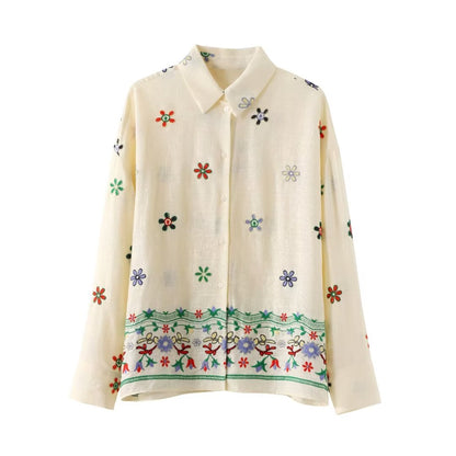 Women Clothing Summer Floral Embroidered Shirt Embroidered Culottes Suit