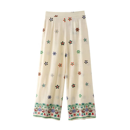 Women Clothing Summer Floral Embroidered Shirt Embroidered Culottes Suit