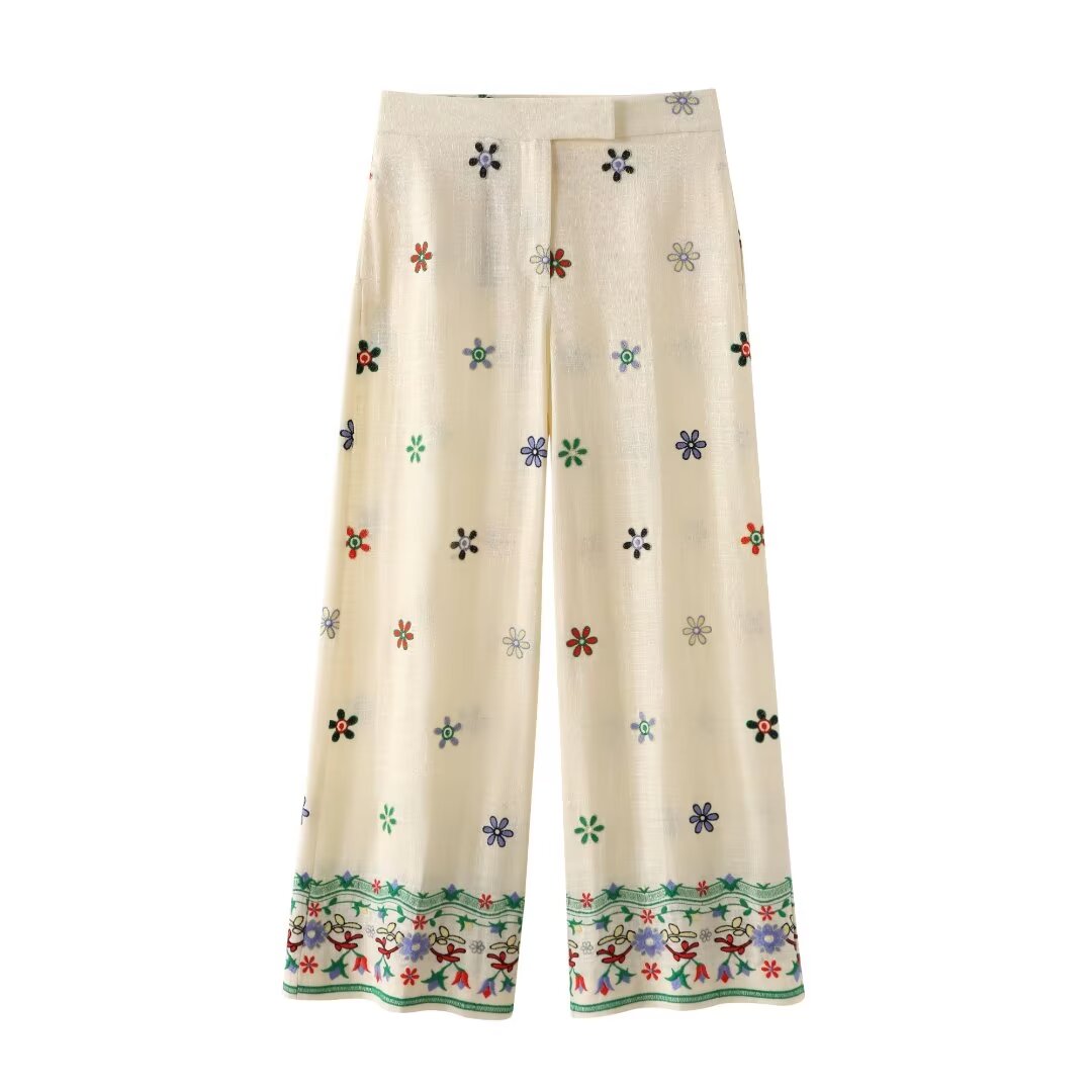 Women Clothing Summer Floral Embroidered Shirt Embroidered Culottes Suit