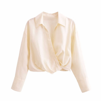 Women Knotted Short Lapels Loose Long Sleeve Shirt