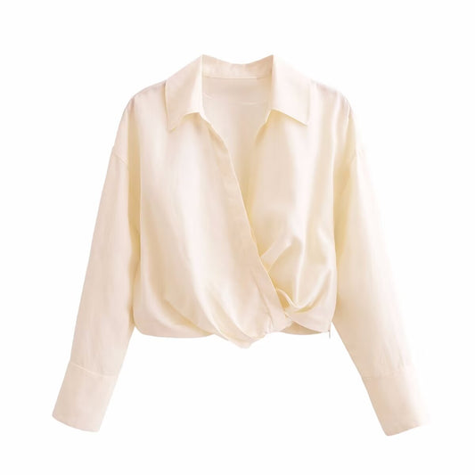 Women Knotted Short Lapels Loose Long Sleeve Shirt