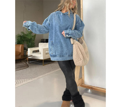 Women Clothing Loose Hooded Pullover Denim Hoodie