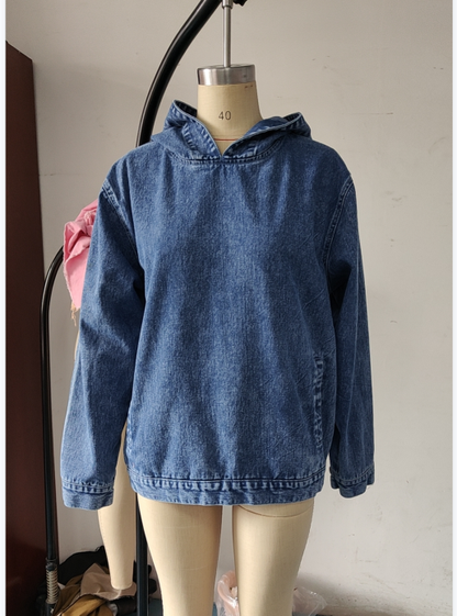 Women Clothing Loose Hooded Pullover Denim Hoodie