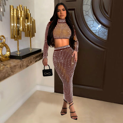 Women Wear Solid Color Rhinestone Mesh Skirt Two Piece Set