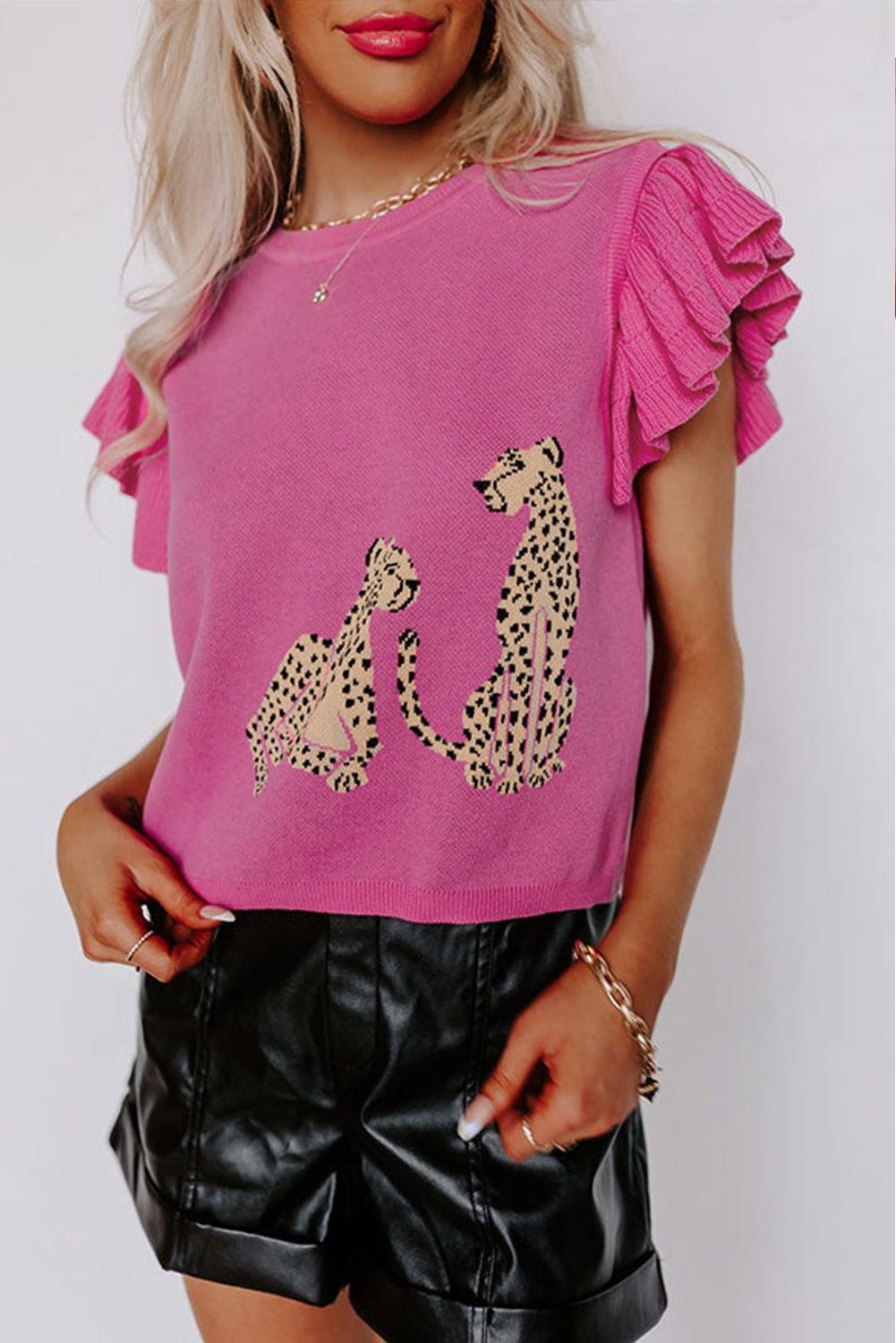 Chaleco de lana con estampado de leopardo para mujer, ropa de verano para mujer, Top de punto con manga con volantes Simple