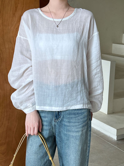 Loose Feeling Front Back Wearable Linen Shirt Women Korean Idle Long Sleeve Sun Protection Overshirt Thin Top