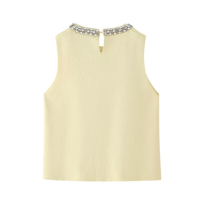 Summer Women Clothing Casual All Match Jewelry Inlaid Plain Stitch Top